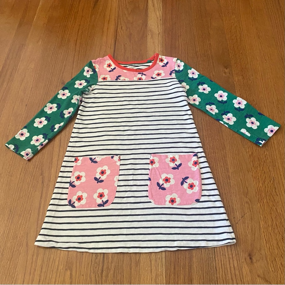 Mini Boden Striped Dress with Pink Floral Pockets & Green Floral Sleeves